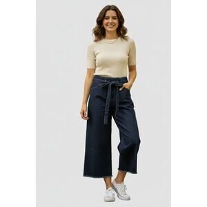 RENVY NWT Dark Wash Denim CULOTTE Wide Leg CROPPED Jeans 31 Paperbag High Waist